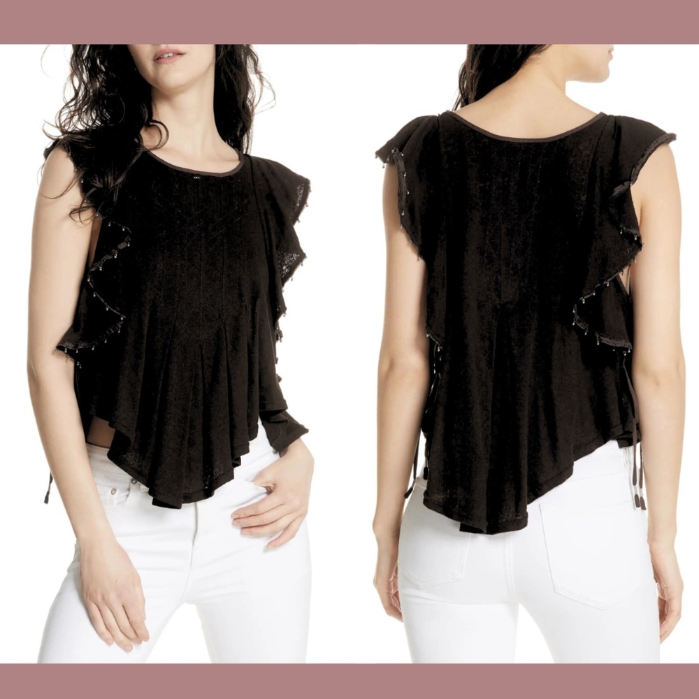 NWT $68 Free People [ XS ] Tiny Bells‎ Linen Blend Ruffled Crop Top Black